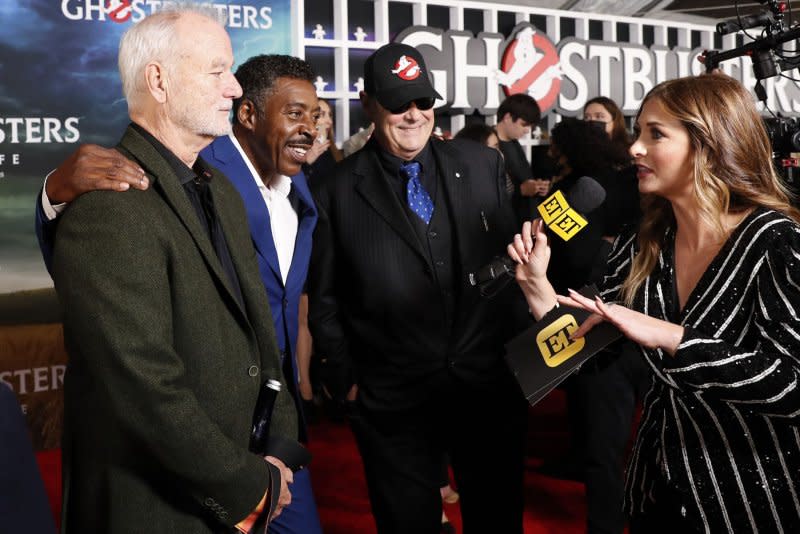 Left to right, Bill Murray, Ernie Hudson and Dan Aykroyd arrive at the "Ghostbusters: Afterlife" world premiere in 2021 in New York City. File Photo by John Angelillo/UPI