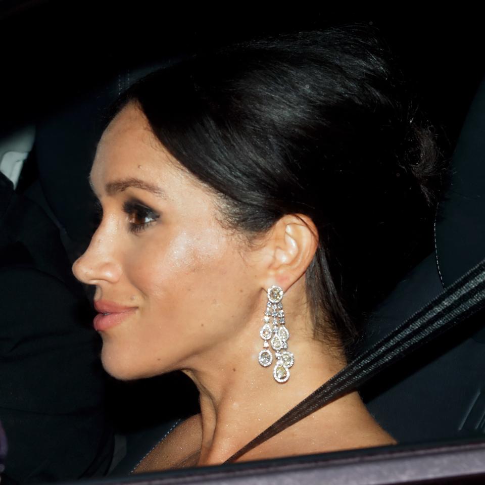 LONDON, UNITED KINGDOM - NOVEMBER 14: (EMBARGOED FOR PUBLICATION IN UK NEWSPAPERS UNTIL 24 HOURS AFTER CREATE DATE AND TIME) Meghan, Duchess of Sussex (earring detail) leaves Kensington Palace to attend Prince Charles, Prince of Wales' 70th birthday party at Buckingham Palace on November 14, 2018 in London, England. (Photo by Max Mumby/Indigo/Getty Images)