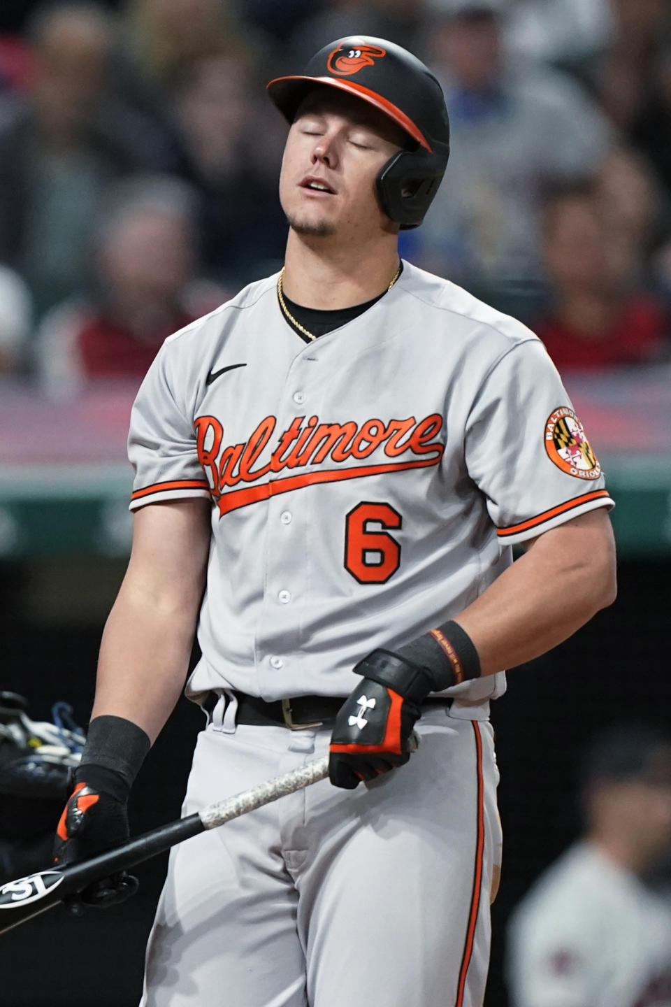 Baltimore Orioles' Ryan Mountcastle reacts after striking out during the ninth inning of the team's baseball game against the Cleveland Indians, Wednesday, June 16, 2021, in Cleveland. The Indians won 8-7. (AP Photo/Tony Dejak)