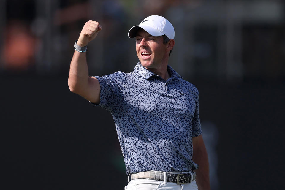 DUBAI, UNITED ARAB EMIRATES - JANUARY 30: Rory McIlroy of Northern Ireland celebrates victory in the Final Round on Day Five of the Hero Dubai Desert Classic at Emirates Golf Club on January 30, 2023 in Dubai, United Arab Emirates. (Photo by Oisin Keniry/Getty Images)