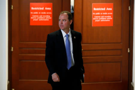 Representative Adam Schiff (D-CA) departs at the conclusion of a closed-door meeting between the House Intelligence Committee and White House senior advisor Jared Kushner on Capitol Hill in Washington, U.S. July 25, 2017. REUTERS/Jonathan Ernst