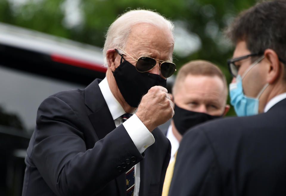 Democratic presidential candidate and former US Vice President Joe Biden gestures while speaking to people at the Delaware Memorial Bridge Veteran's Memorial Park in New Castle, Delaware, May 25, 2020. (Photo by Olivier DOULIERY / AFP) (Photo by OLIVIER DOULIERY/AFP via Getty Images)