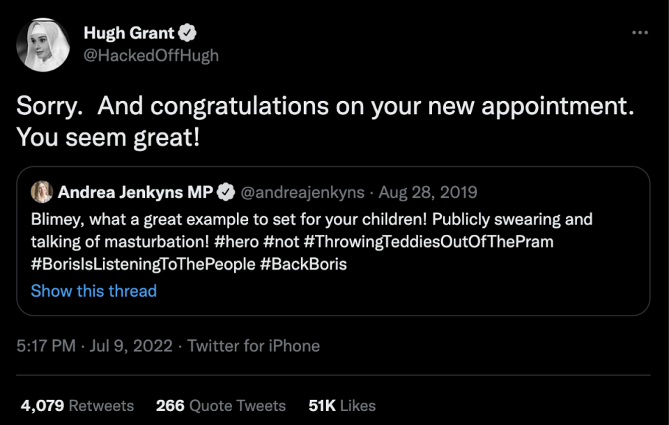 Hugh Grant highlighted a hypocritical 2019 tweet from Andrea Jenkyns MP (Twitter)