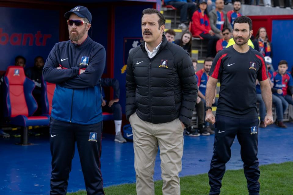 Brendan Hunt, from left, Jason Sudeikis and Brett Goldstein in ‘Ted Lasso’ (Apple TV+)