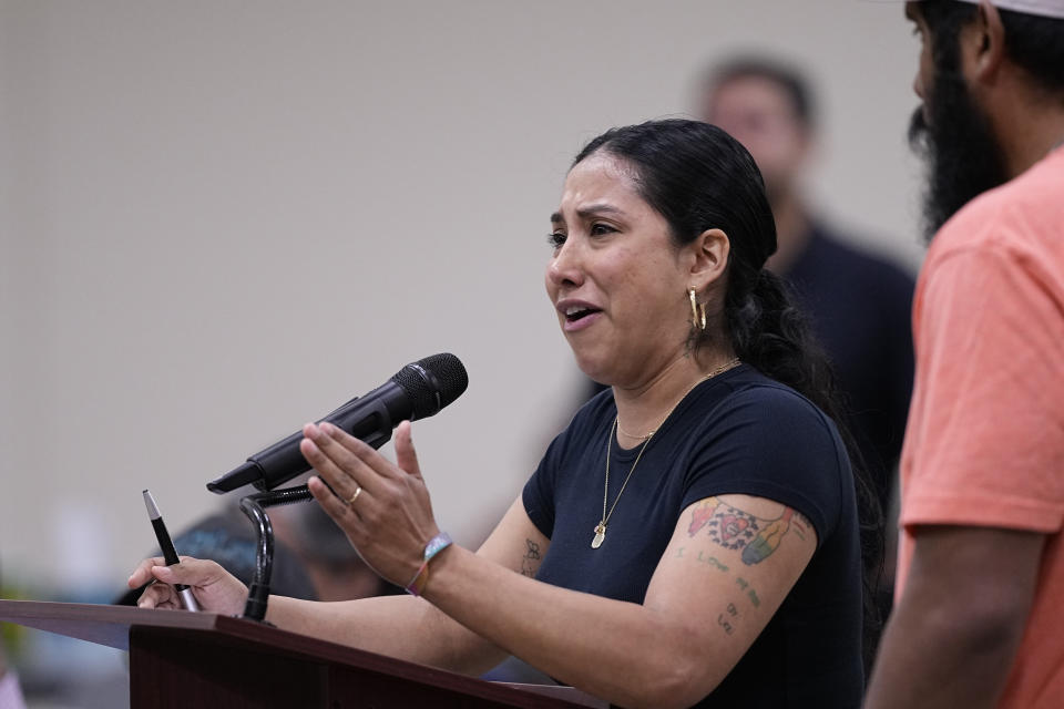 Kimberly Rubio, who's daughter Lexi was among 19 children killed in the massacre at Robb Elementary, speaks at a special city council meeting in Uvalde, Texas, Thursday, March 7, 2024. (AP Photo/Eric Gay)