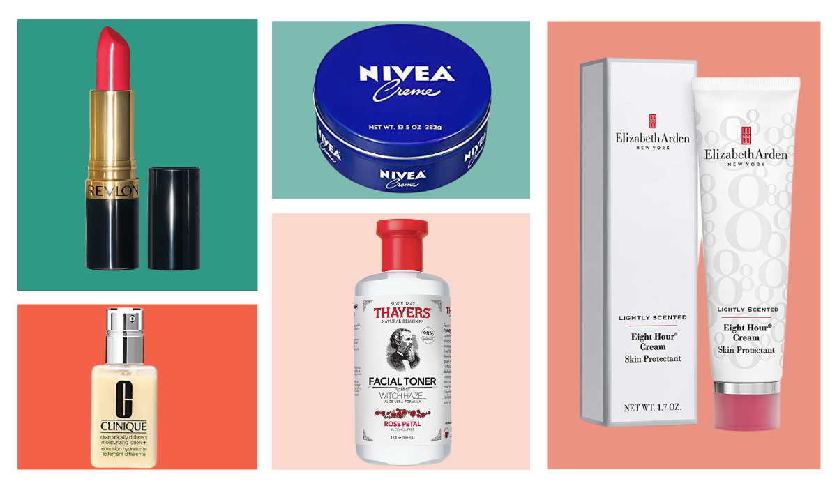 five beauty products: lipstick, Nivia cream, Elizabeth Arden cream, Thayers facial toner, clinique lotion