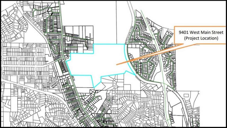 The turquoise line shows the border of Mount Hope Cemetery land, which totals about 132 acres. The orange arrow points to a 25-acre tract where a solar farm could be built if the city of Belleville buys the cemetery.