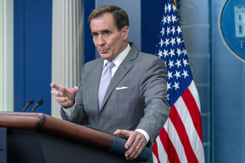 National Security Council spokesman John Kirby, speaks Monday Oct. 23, 2023, during a briefing at the White House in Washington. (AP Photo/Jacquelyn Martin)