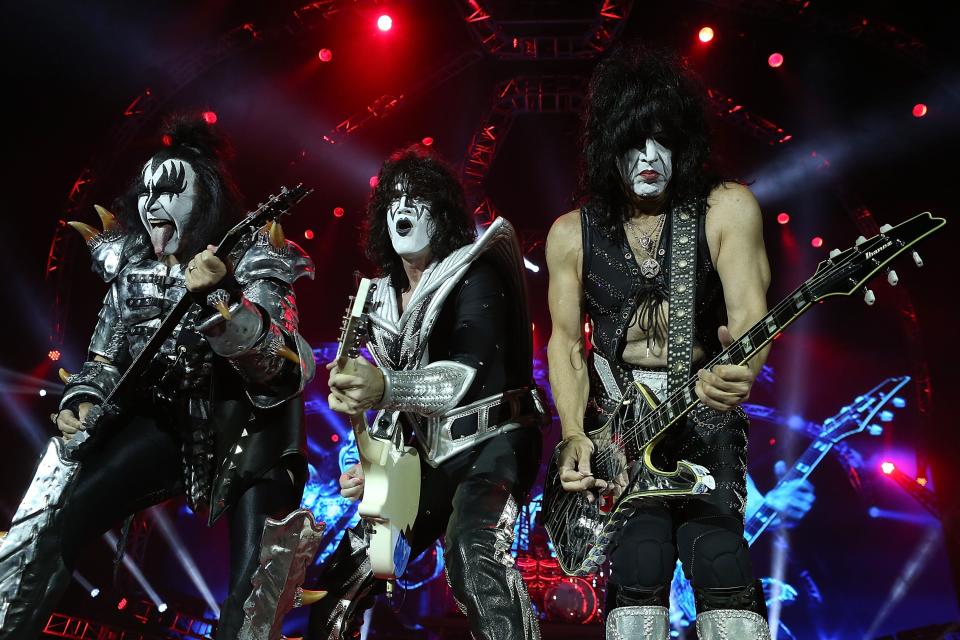 Gene Simmons, Tommy Thayer and Paul Stanley of KISS perform during their opening show for the Australian leg of their 40th anniversary world tour at Perth Arena on October 3, 2015 in Perth, Australia.
