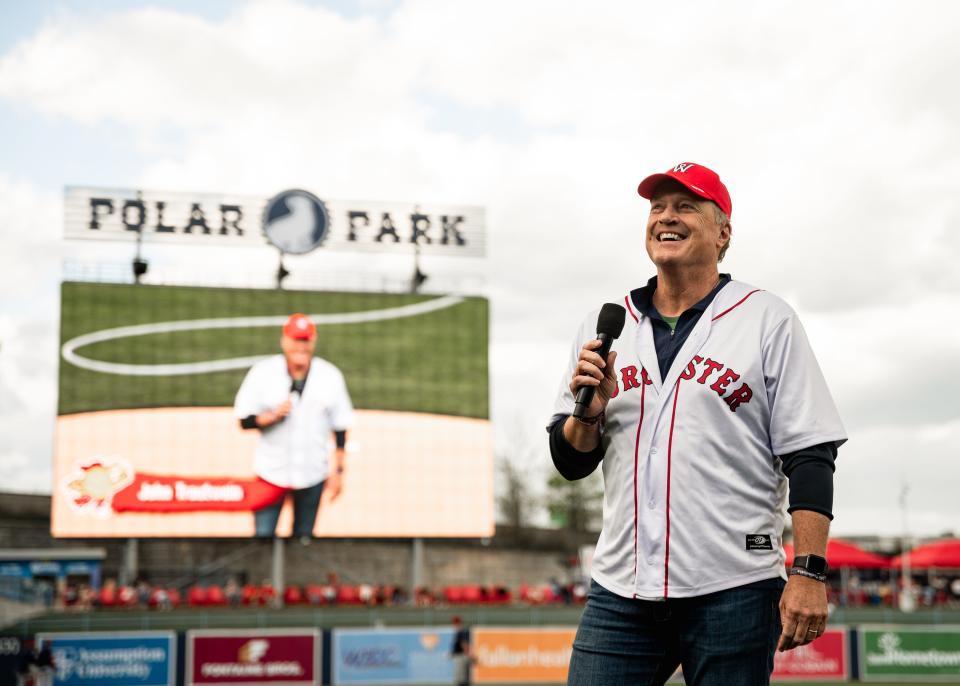 Former Red Sox pitcher John Trautwein addresses the crowd at Polar Park prior to the WooSox game Thursday.