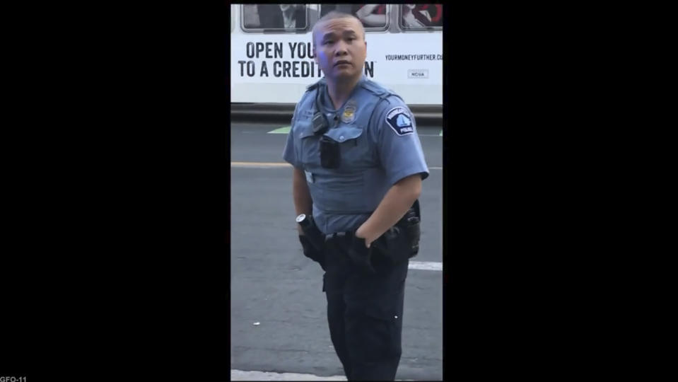 FILE - In this screen grab from video, former Minneapolis police officer Tou Thao appears at the scene where George Floyd died at the hands of former police officer Derek Chauvin, on May 25, 2020, in Minneapolis, Minn. Thao, who held back bystanders while his colleagues restrained a dying George Floyd, was found guilty on Monday, May 1, 2023 of aiding and abetting manslaughter. (Court TV, via AP, Pool)