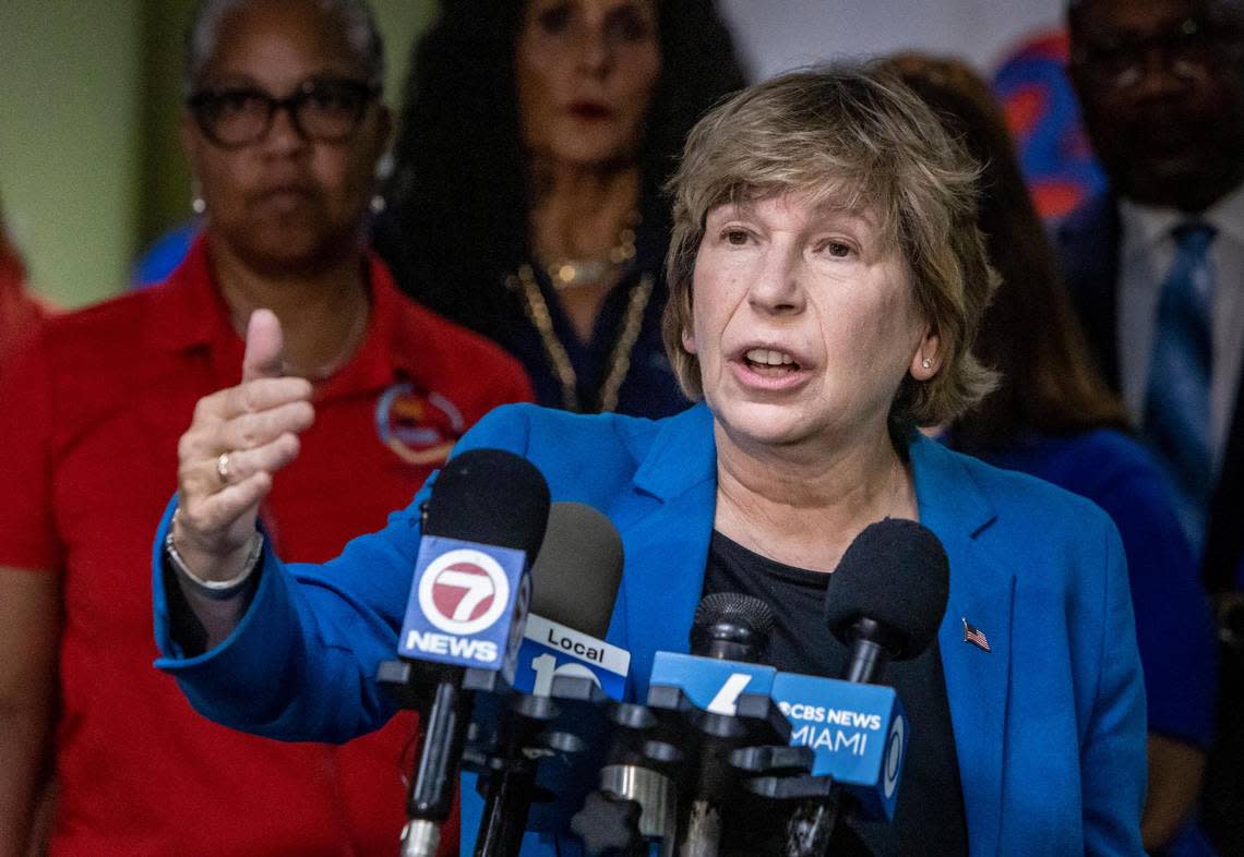 Tamarac, Florida, September 21, 2022 - Randi Weingarten, President of the American Federation of Teachers, speaks to reporters during a press conference at the Broward Teachers Union offices in Tamarac, Broward County.