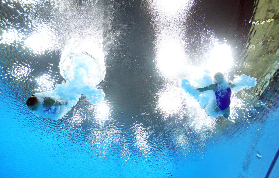 LONDON, ENGLAND - JULY 29: Anna Pysmenska and Olena Fedorova of the Ukraine compete during the Women's Synchronised 3m Springboard final on Day 2 of the London 2012 Olympic Games at the Aquatics Centre at Aquatics Centre on July 29, 2012 in London, England. (Photo by Al Bello/Getty Images)