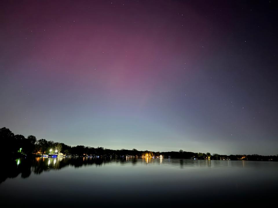 The northern lights, or aurora borealis, as seen in Whitmore Lake, Michigan on May 10, 2024.