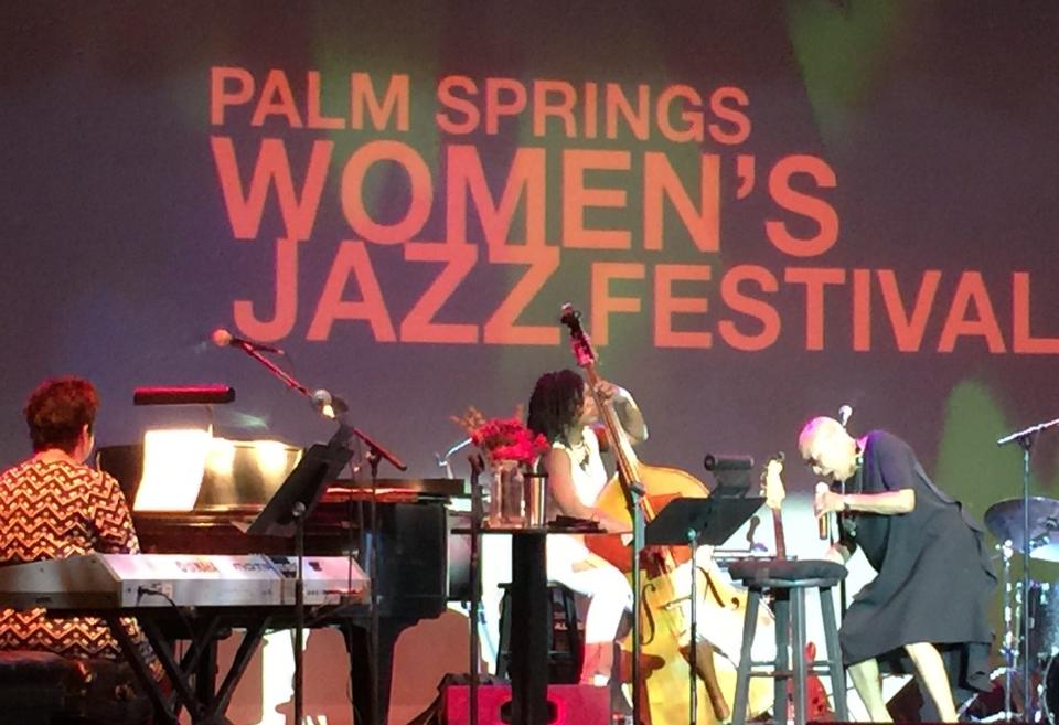 Dee Dee Bridgewater, right, Karen Hammack, left, and bassist Mimi Jones perform in 2018 at the Palm Springs Women's Jazz Festival at the Annenberg Theater.