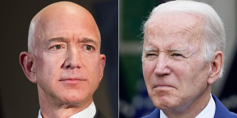 Close-up photos of Jeff Bezos and President Joe Biden side by side