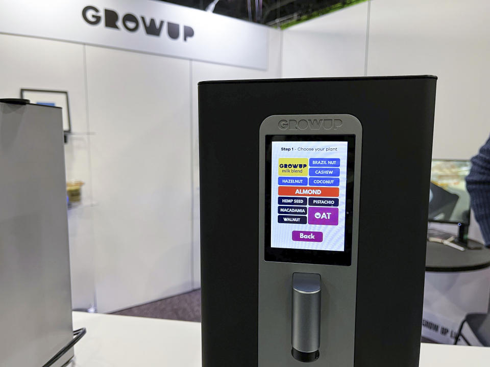 A GrowUp nut milk machine is seen at the CES tech show on Friday, Jan. 6, 2023, in Las Vegas. GrowUp allows people to brew their own nut milk at home with water and any nut, from cashews and walnuts to almonds and pistachios. (AP Photo/Rio Yamat)