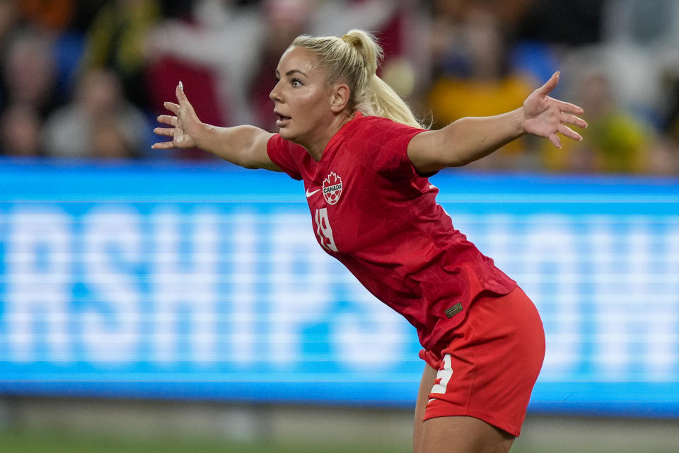 Canada's Adriana Leon celebrates after scoring her team's second goal during a friendly soccer international between Canada and Australia in Sydney, Australia, Tuesday, Sept. 6, 2022. (AP Photo/Rick Rycroft)