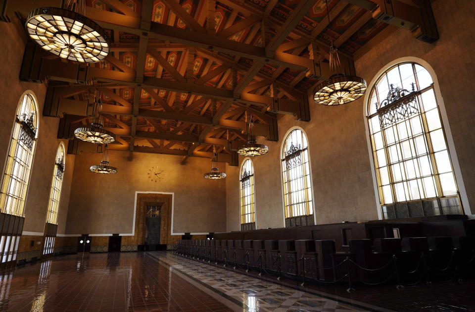 Union Station is pictured, Tuesday, March 23, 2021, in Los Angeles. When the Oscars broadcast begins April 25 on ABC, there won’t be an audience. The base of the show won’t be the Academy Awards’ usual home, but will be held at Union Station, the airy, Art Deco-Mission Revival railway hub in downtown Los Angeles. For the producers, the challenges of COVID are an opportunity to, finally, rethink the Oscars. (AP Photo/Chris Pizzello)