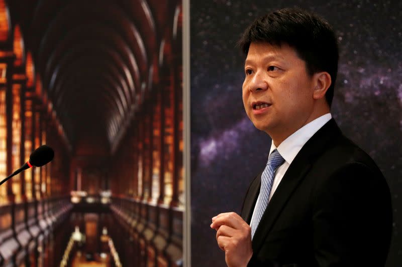 FILE PHOTO: Huawei's Rotating Chairman Guo Ping speaks during a news conference in Shenzhen