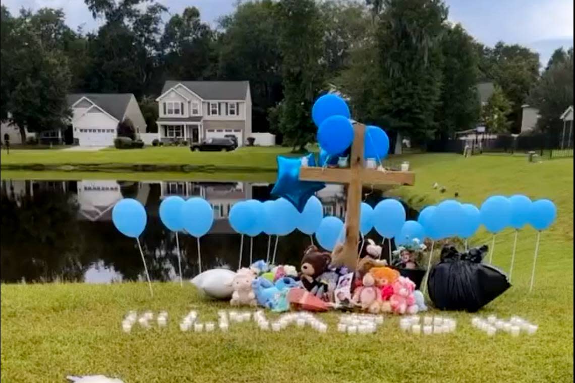 A video frame of a memorial that was held for 3-year-old Mason Henley who died after drowning in a pond behind his home where his body was found in Port Royal.