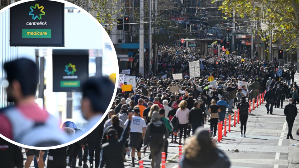 Image of people marching in Sydney anti-lockdown protest; image of Centrelink signage and queue