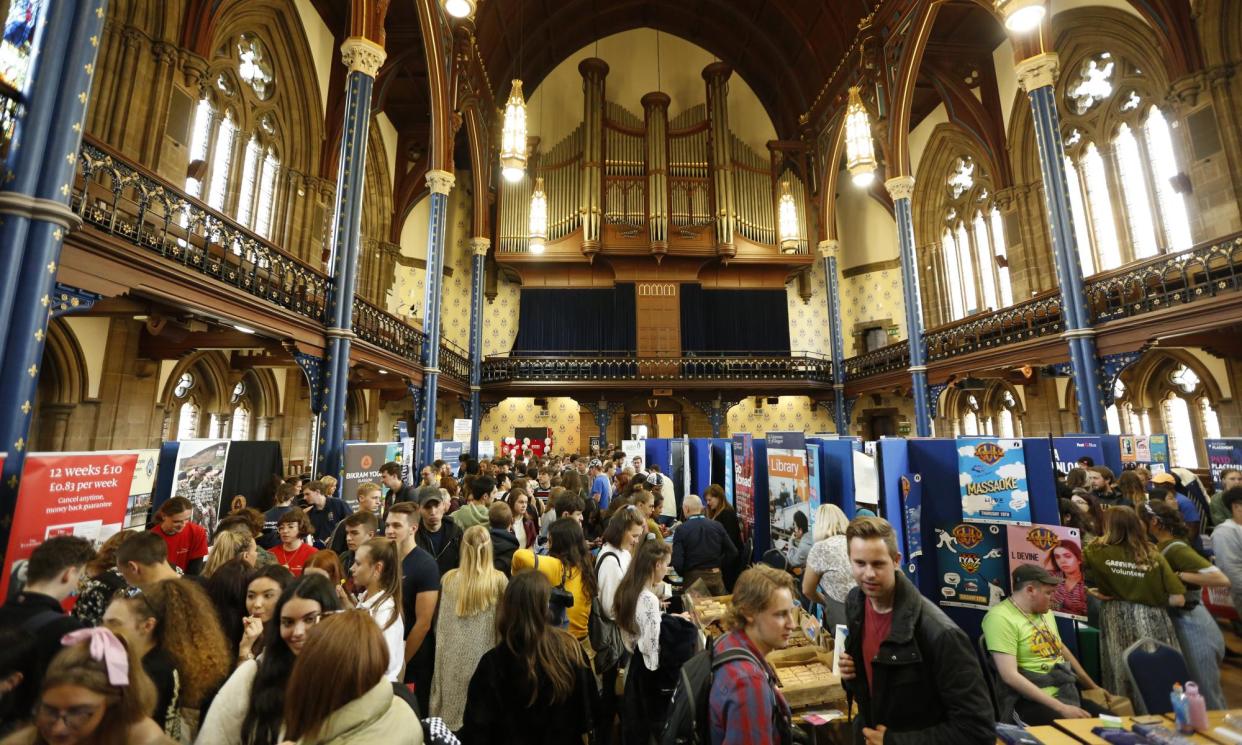 <span>A freshers’ fair for new students at the University of Glasgow. Many institutions hope things will improve by September.</span><span>Photograph: Murdo MacLeod/The Guardian</span>