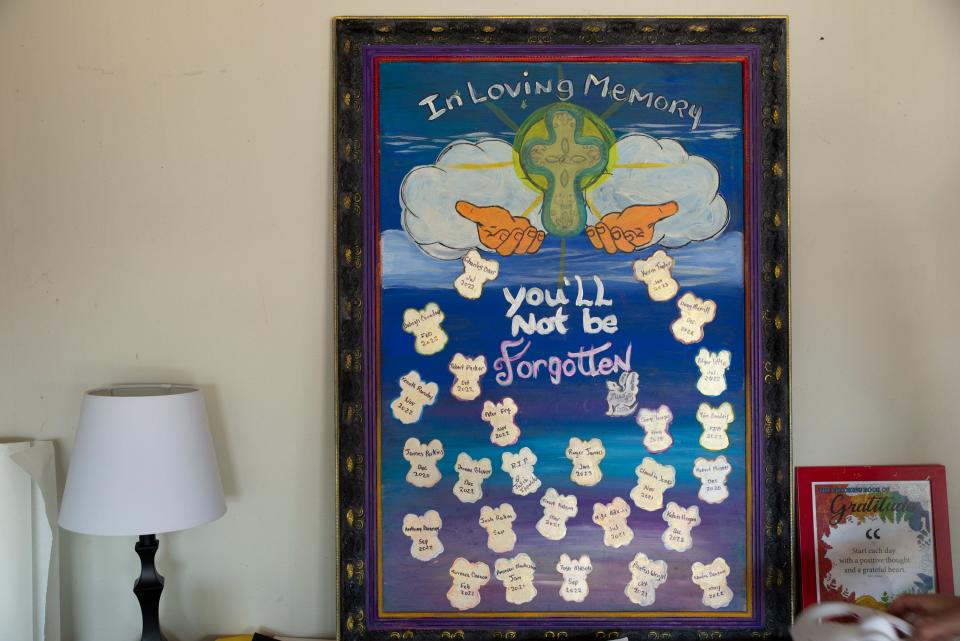 A painting by Julia Ippolito commemorates past residents at Motels4Now in South Bend who have died since their stays.