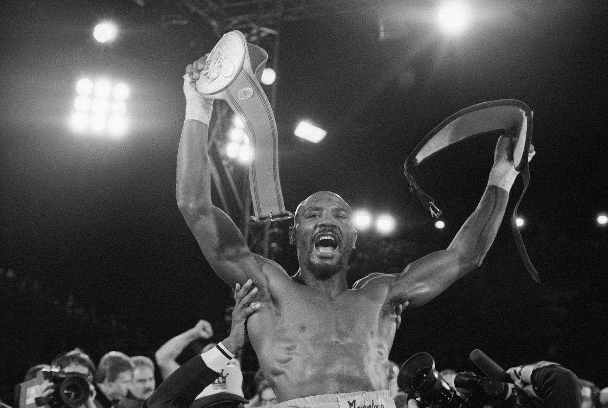 Middleweight Champion Marvelous Marvin Hagler celebrates his unanimous decision victory over Roberto Duran on Thursday, Nov. 11, 1983 in Las Vegas. (AP Photo)