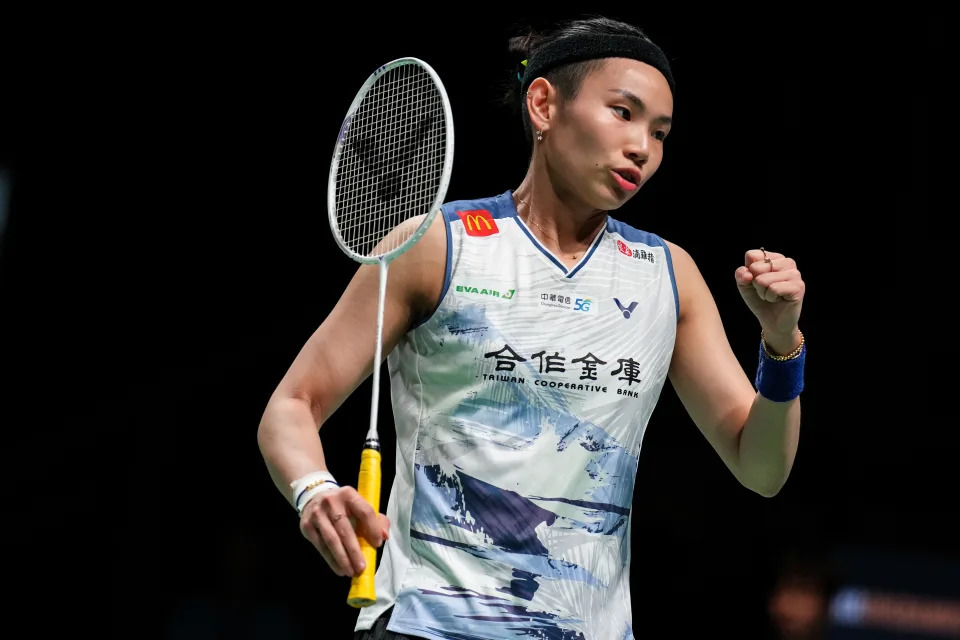 ODENSE, DENMARK - OCTOBER 19: Tai Tzu Ying of Chinese Taipei reacts in the Women's Singles Second Round match against Busanan Ongbamrungphan of Thailand during day three of the Denmark Open at Jyske Bank Arena on October 18, 2023 in Odense, Denmark. (Photo by Shi Tang/Getty Images)