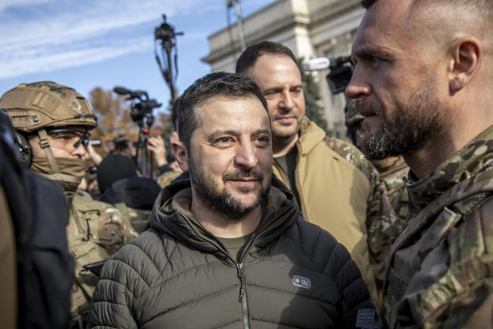 KHERSON, KHERSON OBLAST, UKRAINE, NOVEMBER 14: Ukrainian President Vladimir Zelensky  visits Kherson City for first time after the withdrawal of Russian troops in Ukraine, November 13th, 2022. (Photo by Narciso Contreras/Anadolu Agency via Getty Images)