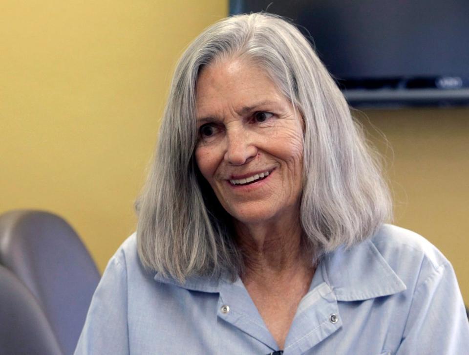 Leslie Van Houten is shown during a break from a hearing before the California Board of Parole Hearings at the California Institution for Women in Chino, Calif., on April 14, 2016. Van Houten has been approved for parole five times, but only this time was she ultimately released. (Nick Ut/The Associated Press - image credit)