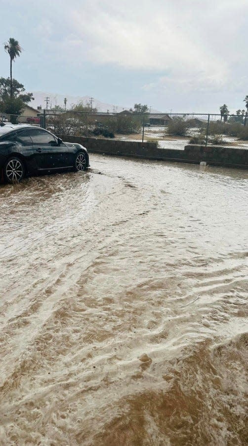 A photo shared by a Twentynine Palms resident shows a flooded roadway in the city following a thunderstorm July 14, 2024..