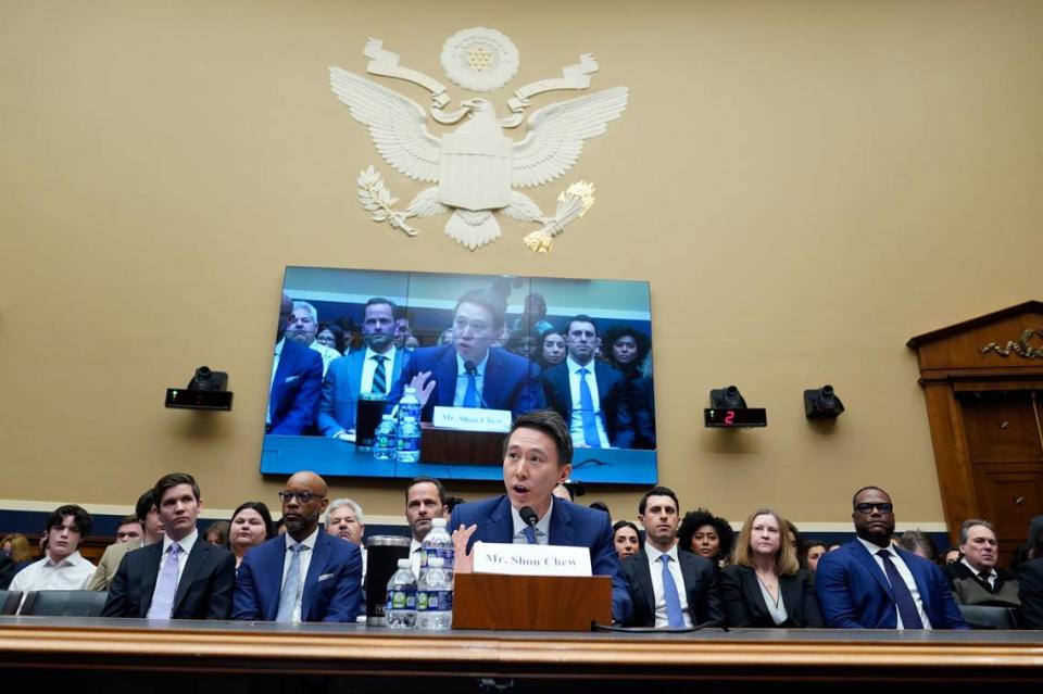 TikTok CEO Shou Zi Chew testifies during a hearing of the House Energy and Commerce Committee, on the platform’s consumer privacy and data security practices and impact on children, Thursday, March 23, 2023, on Capitol Hill in Washington.