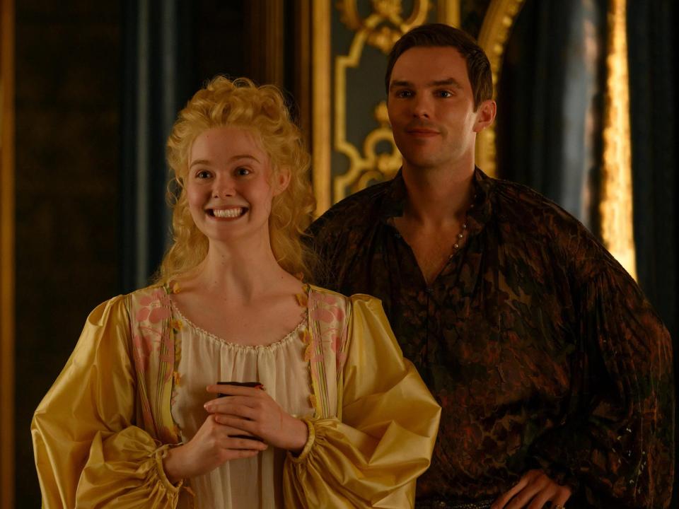 Elle Fanning as Catherine and Nicholas Hoult as Peter on season three, episode three of "The Great."
