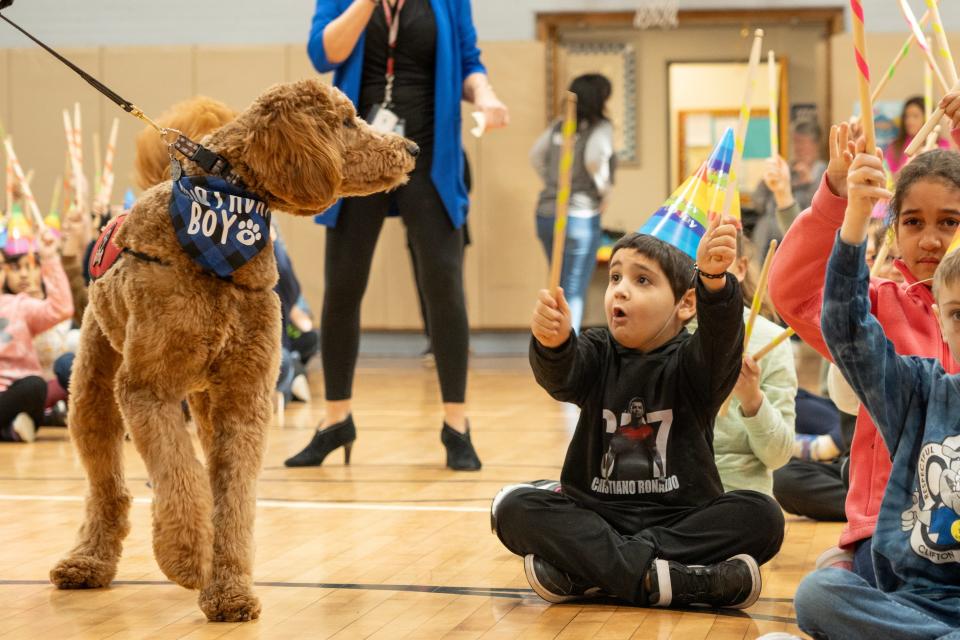 Clifton school district therapy dog, Chewie, celebrates his one year birthday at School 9 in Clifton, NJ on Monday Jan. 22, 2024. Mark Gengaro, assistant superintendent, paraded Chewie around the gymnasium for his celebration.