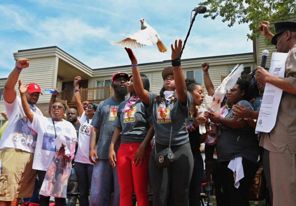 Shots fired during a protest in Ferguson, Mo., on the 2nd anniversary of Michael Brown’s death