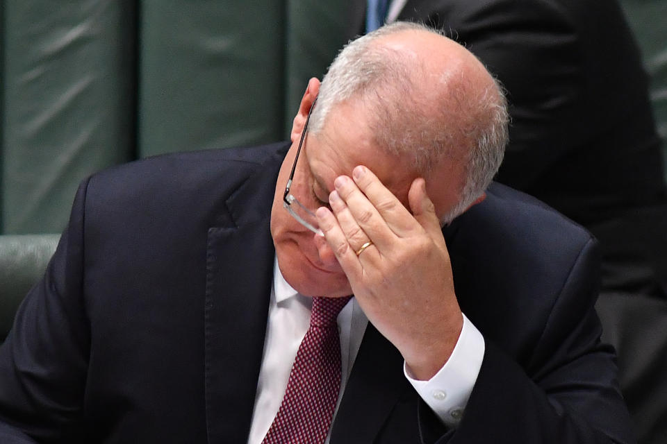 CANBERRA, AUSTRALIA - JUNE 18: Prime Minister Scott Morrison during Question Time in the House of Representatives at Parliament House, on June 18, 2020 in Canberra, Australia. The Australian Bureau of Statistics has released the Labour force figures in Australia for May 2020. Australia's unemployment rate jumped to 7.1 percent in May from 6.4 percent in April, with the Bureau of Statistics estimating a further 227,700 jobs were lost last month.  (Photo by Sam Mooy/Getty Images)