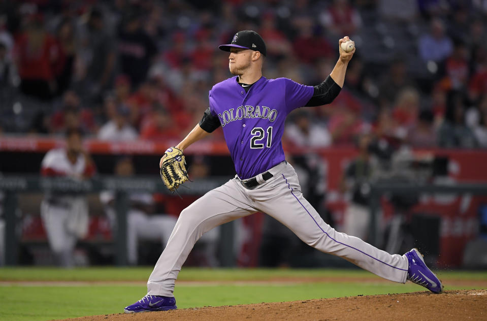 Colorado Rockies starting pitcher Kyle Freeland throws to the plate during the first inning of a baseball game against the Los Angeles Angels. (AP)