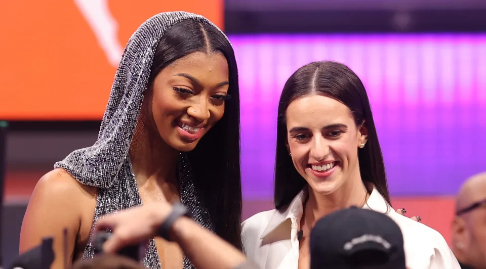 Apr 15, 2024; Brooklyn, NY, USA; Angel Reese and Caitlin Clark pose for photos before the 2024 WNBA Draft at Brooklyn Academy of Music. Mandatory Credit: Brad Penner-USA TODAY Sports