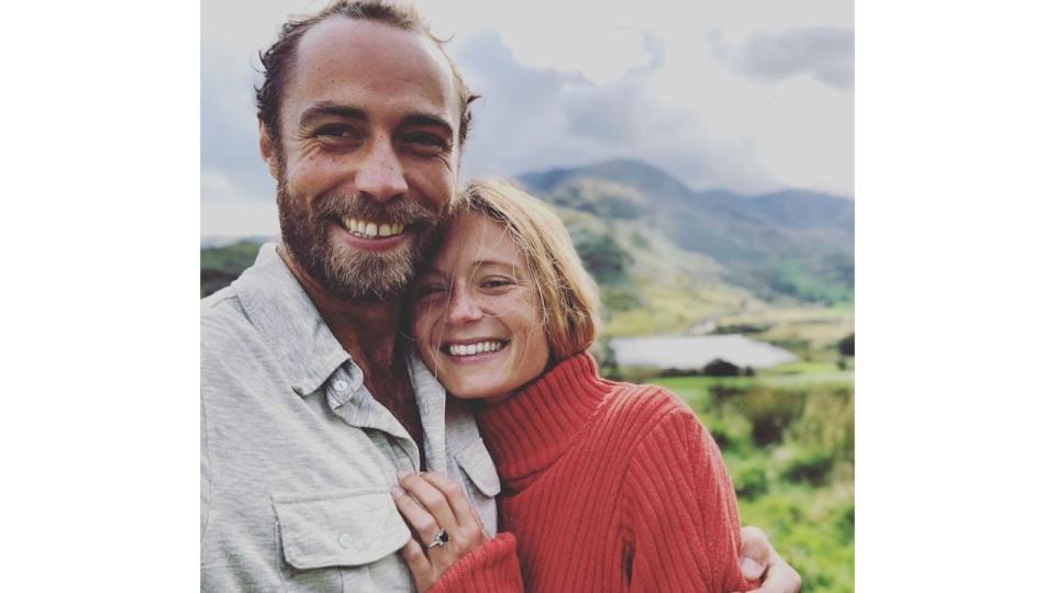 Alizee Thevent in a red jumper as she rests her hand on James Middleton's chest and shows off engagement ring