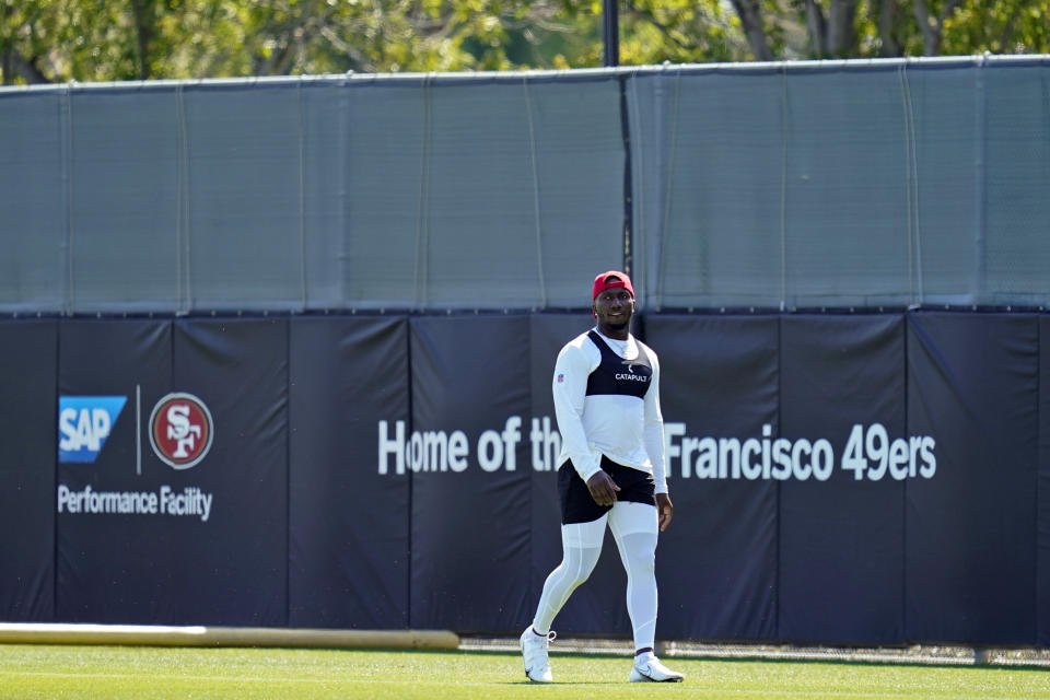 San Francisco 49ers wide receiver Deebo Samuel walks across a field during NFL football training camp in Santa Clara, Calif., Wednesday, July 27, 2022. (AP Photo/Godofredo A. Vásquez)