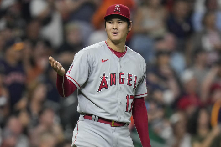 Los Angeles Angels starting pitcher Shohei Ohtani reacts after Houston Astros' Yordan Alvarez flew out to end the fifth inning of a baseball game, Saturday, Sept. 10, 2022, in Houston. (AP Photo/Eric Christian Smith)