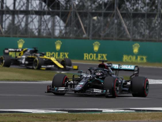 Lewis Hamilton starts the 70th Anniversary Grand Prix in second behind Valtteri Bottas (EPA)