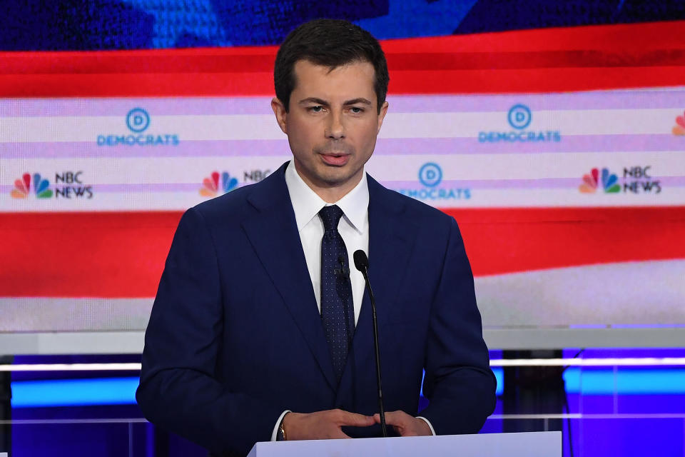 Democratic presidential hopeful Mayor of South Bend, Indiana Pete Buttigieg speaks during the second Democratic primary debate of the 2020 presidential campaign season hosted by NBC News at the Adrienne Arsht Center for the Performing Arts in Miami, Florida, June 27, 2019. | Saul Loeb—AFP/Getty Images