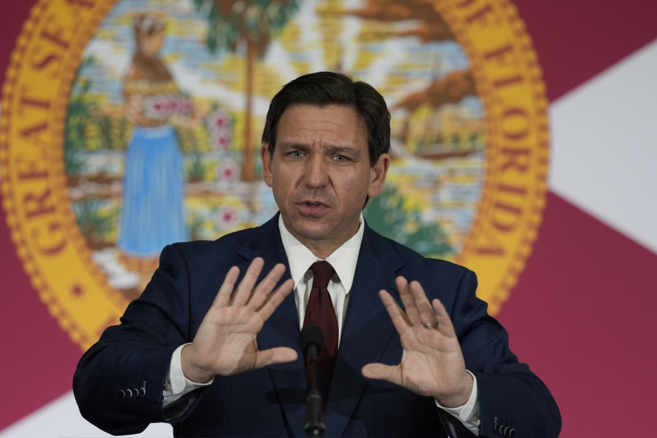 Florida Governor Ron DeSantis speaks during a press conference to sign several bills related to public education and increases in teacher pay, in Miami, Tuesday, May 9, 2023. (AP Photo/Rebecca Blackwell)