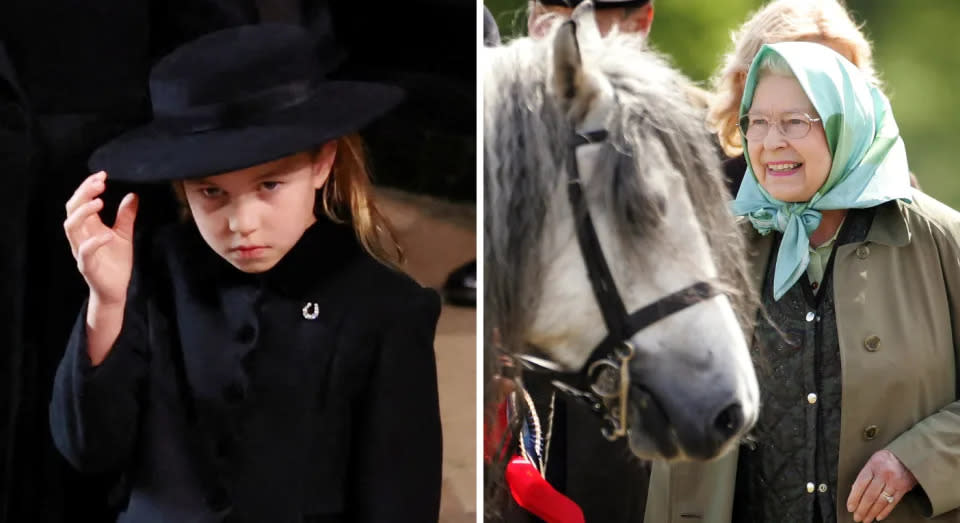 Prinzessin Charlotte trug eine Brosche in Form eines Hufeisens, womit sie offensichtlich auf die Liebe ihrer Urgroßmutter für Pferde anspielte. (Getty Images)
