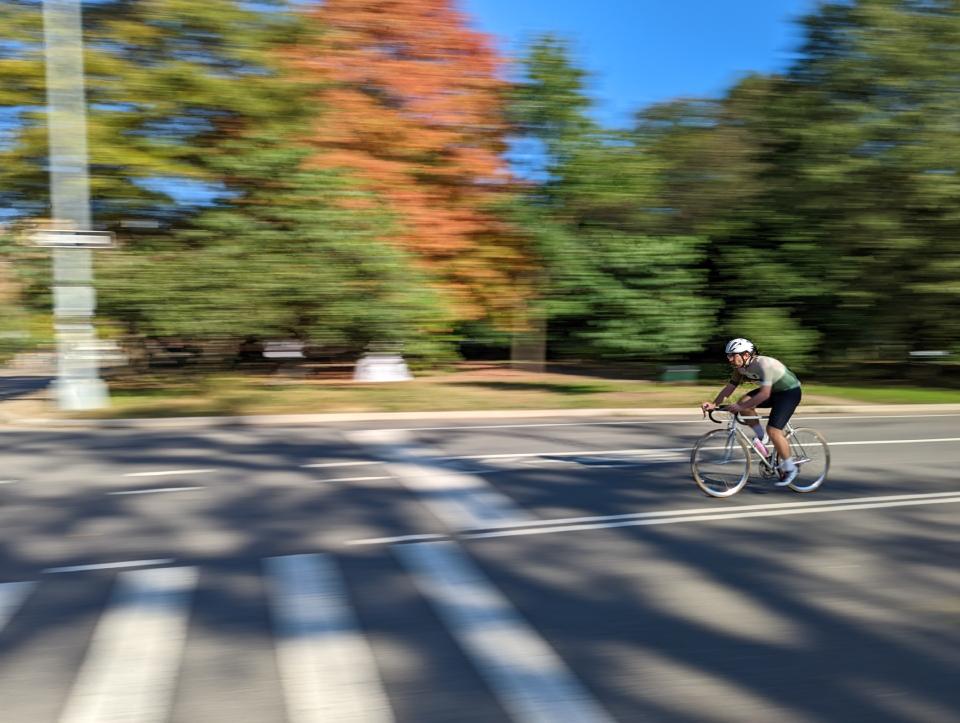 Pixel 6 camera sample showing a cyclist in focus with the park in the background blurred.