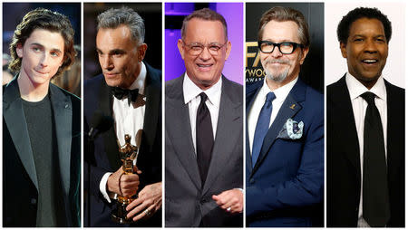 Nominees for the 75th Golden Globe Awards, Best Performance by an Actor in a Motion Picture, Drama category, (L-R) Timothee Chalamet, Daniel Day Lewis, Tom Hanks, Gary Oldman and Denzel Washington are seen in a combination of file photos. REUTERS/File Photos