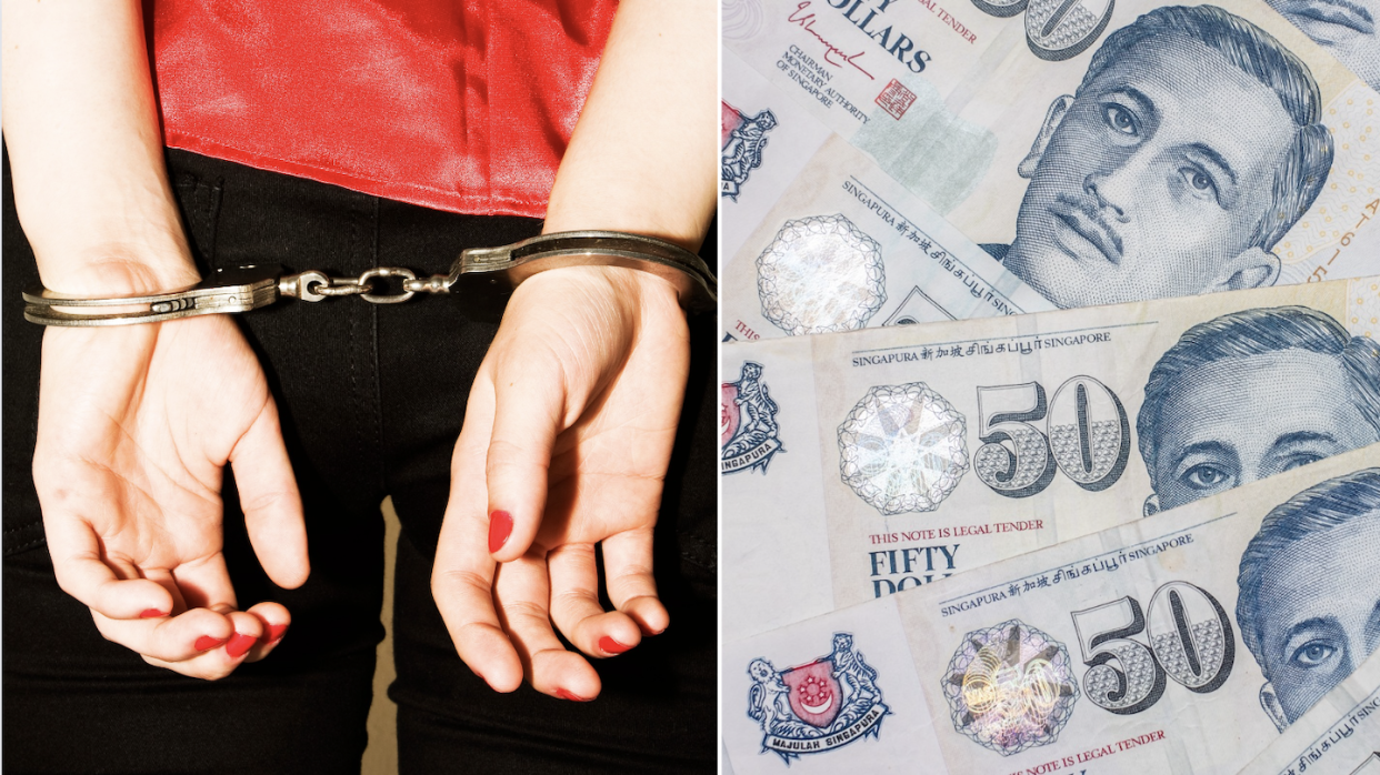Female arrested and in handcuffs (left) and Singapore $50 notes (Photo: Getty Images) 